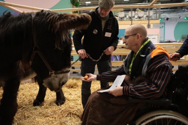 Ein Mann im Rollstuhl und ein Esel.