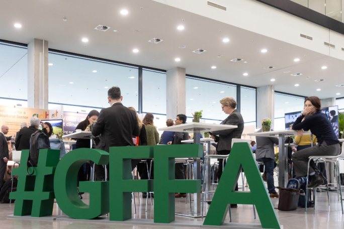 The hashtag #GFFA in big green letters can be seen at the CItyCube Berlin.